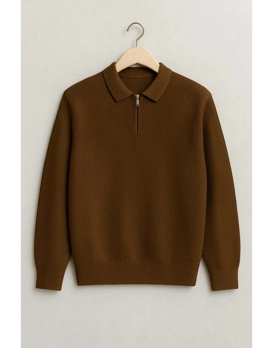 Polo Yaka Fermuarlı Çizgili Old Money Örme Birinci Kalite Yumuşak Uzun Kollu Erkek Kazak