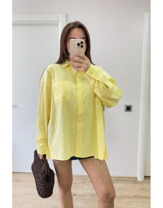 Poplin Kadın Yakalı Yandan Yırtmaçlı Arka Pens Detaylı Gömlek - Sarı