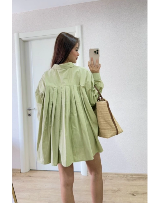 Poplin Kadın Yakalı Yandan Yırtmaçlı Arka Pens Detaylı Gömlek - Yeşil