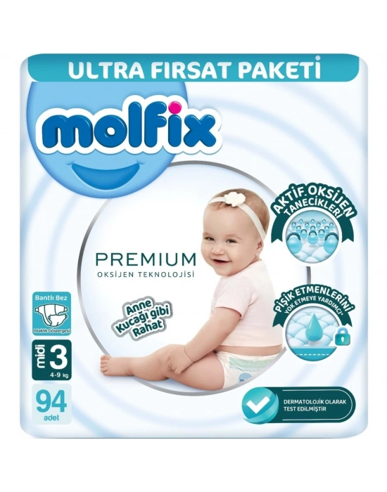 Premium Bebek Bezi Ultra Fırsat Paketi 3 Beden 4-9 Kg 94 Adet