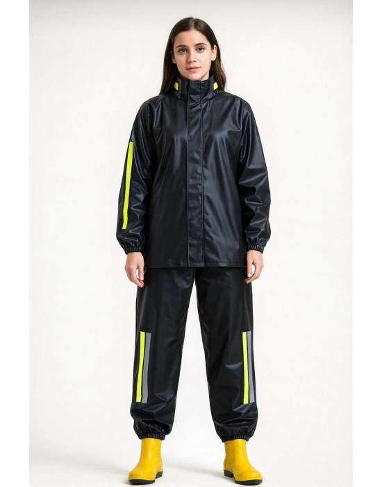 Premium Kadın Motorcu Kurye Yağmurluk Takım Su Geçirmez PVC Kumaş Reflektörlü TÜBİTAK Onaylı - Siyah