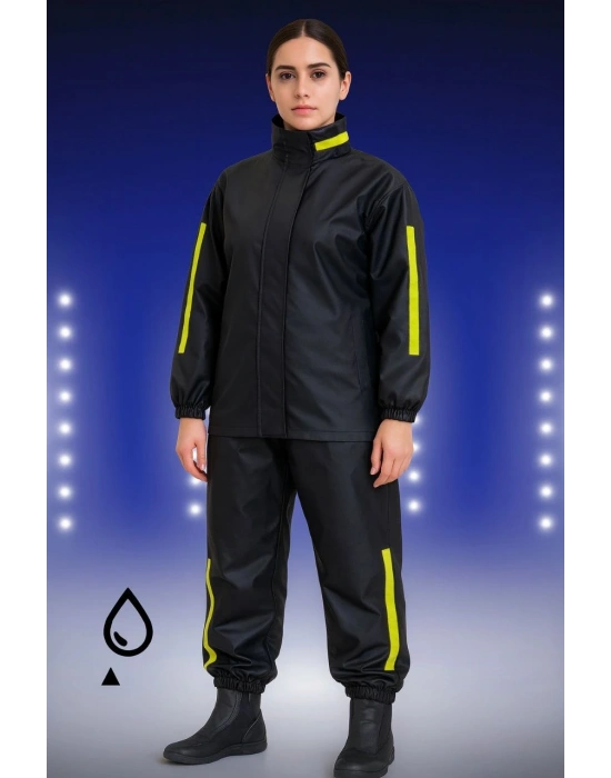 Premium Kadın Motorcu Kurye Yağmurluk Takım Su Geçirmez PVC Kumaş Reflektörlü TÜBİTAK Onaylı - Siyah