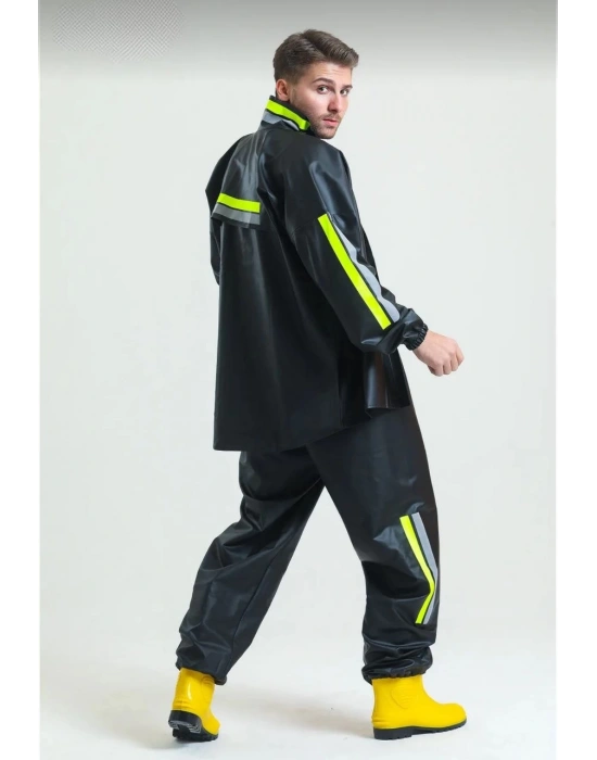 Premium Motorcu Kurye Yağmurluk Takım Su Geçirmez PVC Kumaş Reflektörlü TÜBİTAK Onaylı - Siyah