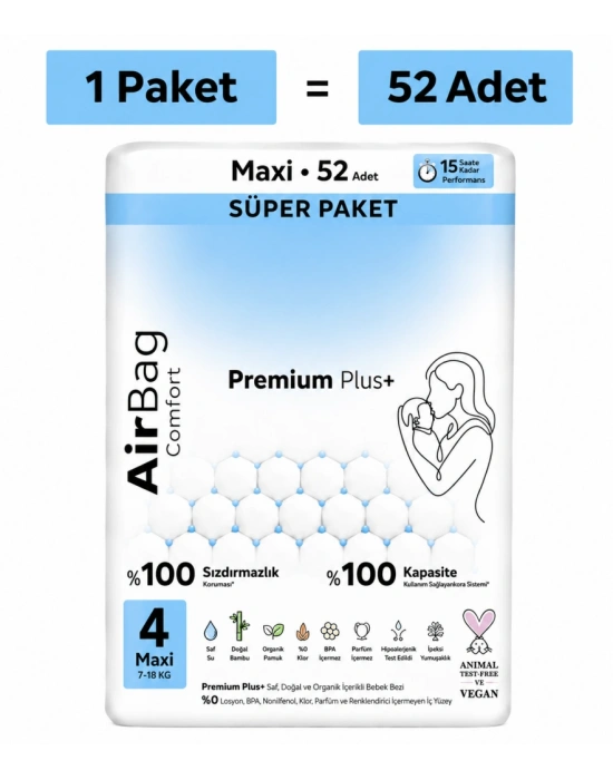 Premium Plus Airbag Comfort Bebek Bezi 4 Beden 52 Adet