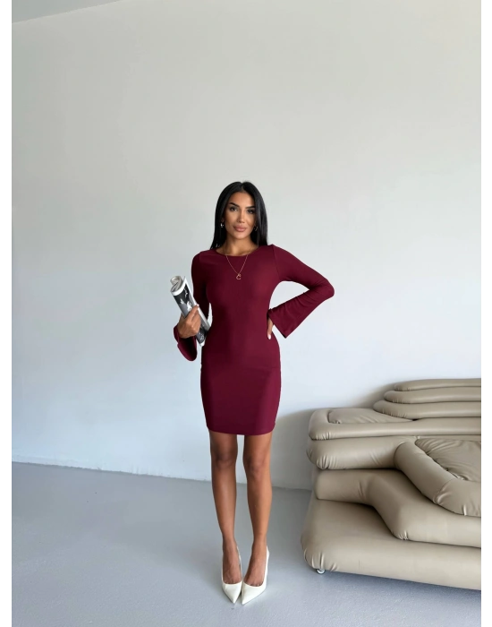 Prenses kol esnek kumaş elbise bordo f2334