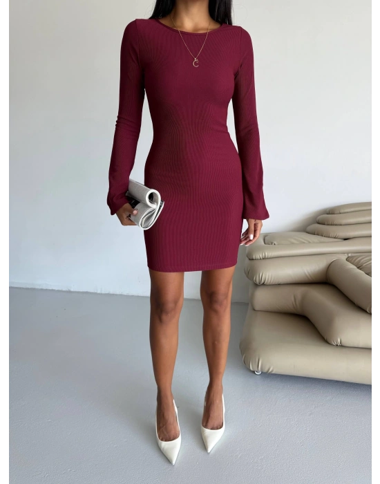 Prenses kol esnek kumaş elbise bordo f2334