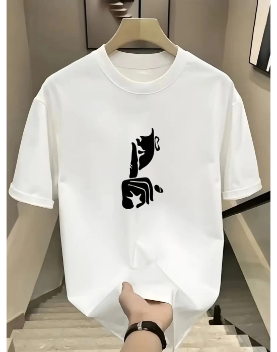 Rahat Bisiklet Yaka Tişört, Yaratıcı Karikatür Baskı - Yumuşak Polyester, Her Mevsim Giyilebilir- Beyaz