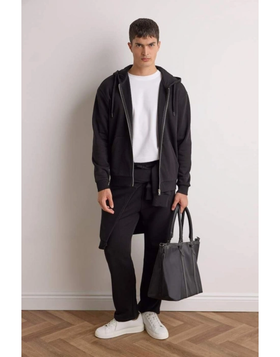 Regular Fit Basic Düz Beli Bağcıklı Düz Paça Cepli Eşofman Altı Siyah