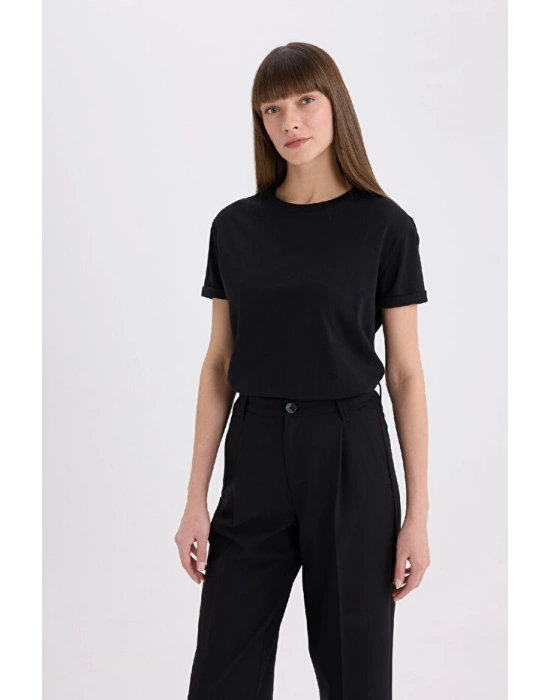 Regular Fit Bisiklet Yaka Basic Düz Penye Kısa Kollu Siyah Tişört