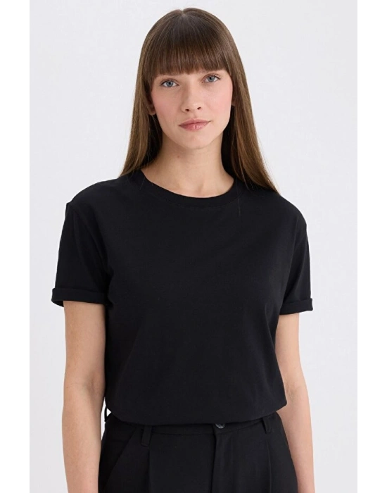 Regular Fit Bisiklet Yaka Basic Düz Penye Kısa Kollu Siyah Tişört