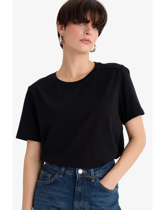 Regular Fit Bisiklet Yaka Basic Düz Premium Kısa Kollu Tişört Siyah