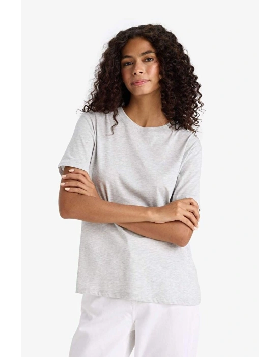 Regular Fit Bisiklet Yaka Gri Kadın T-Shirt