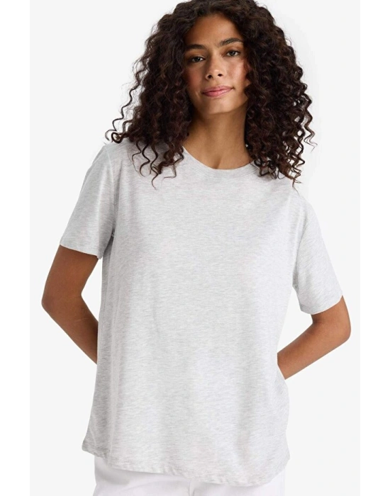 Regular Fit Bisiklet Yaka Gri Kadın T-Shirt