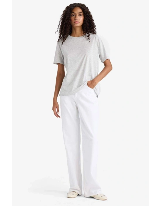 Regular Fit Bisiklet Yaka Gri Kadın T-Shirt