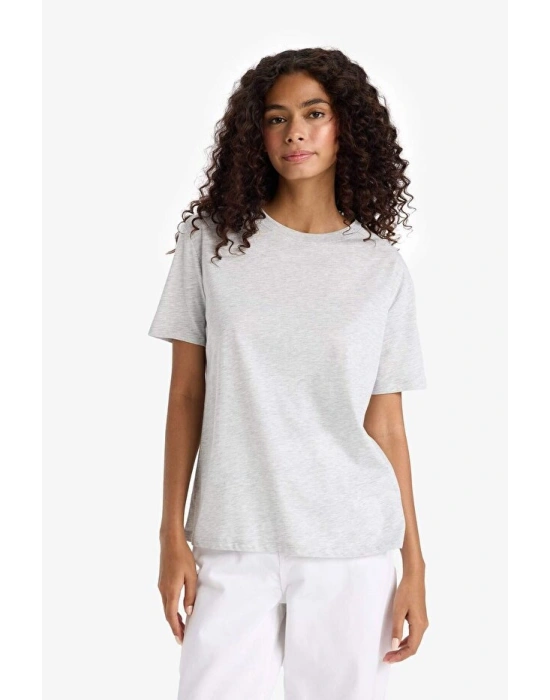 Regular Fit Bisiklet Yaka Gri Kadın T-Shirt