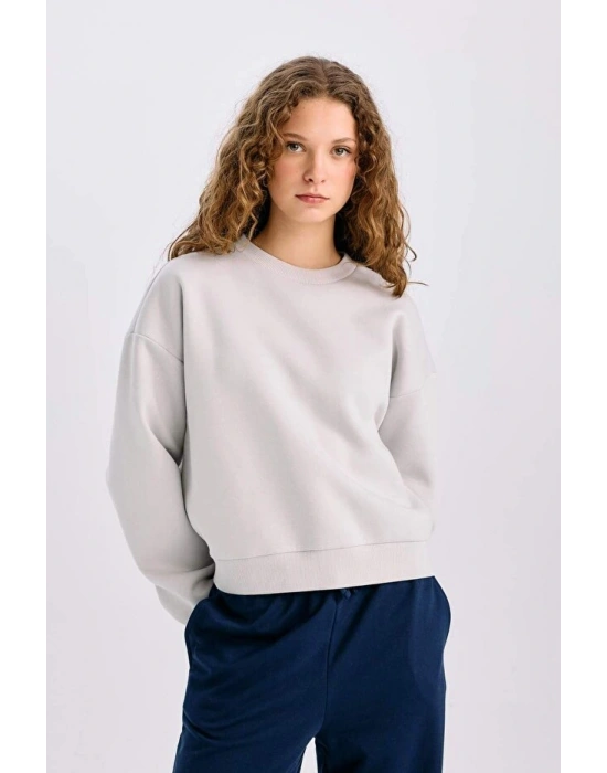 Regular Fit Bisiklet Yaka Kalın Basic Düz Sweatshirt