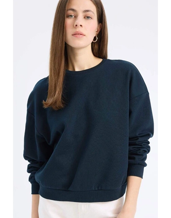 Regular Fit Bisiklet Yaka Kalın Basic Düz Sweatshirt