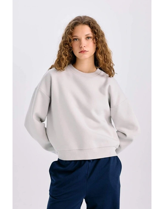 Regular Fit Bisiklet Yaka Kalın Basic Düz Sweatshirt