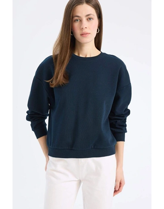 Regular Fit Bisiklet Yaka Kalın Basic Düz Sweatshirt