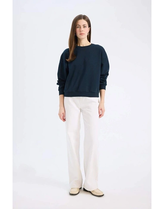 Regular Fit Bisiklet Yaka Kalın Basic Düz Sweatshirt