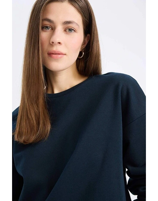 Regular Fit Bisiklet Yaka Kalın Basic Düz Sweatshirt