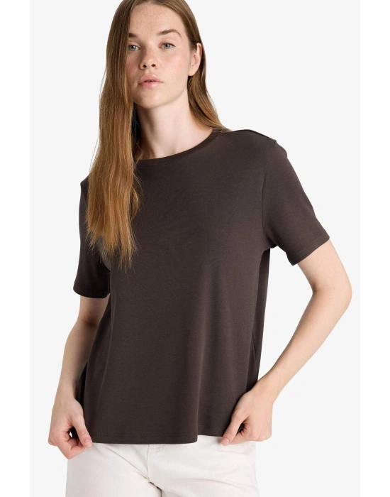 Regular Fit Bisiklet Yaka Kısa Kollu Tişört Kahverengi