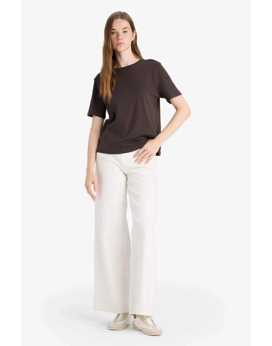 Regular Fit Bisiklet Yaka Kısa Kollu Tişört Kahverengi