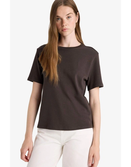 Regular Fit Bisiklet Yaka Kısa Kollu Tişört Kahverengi