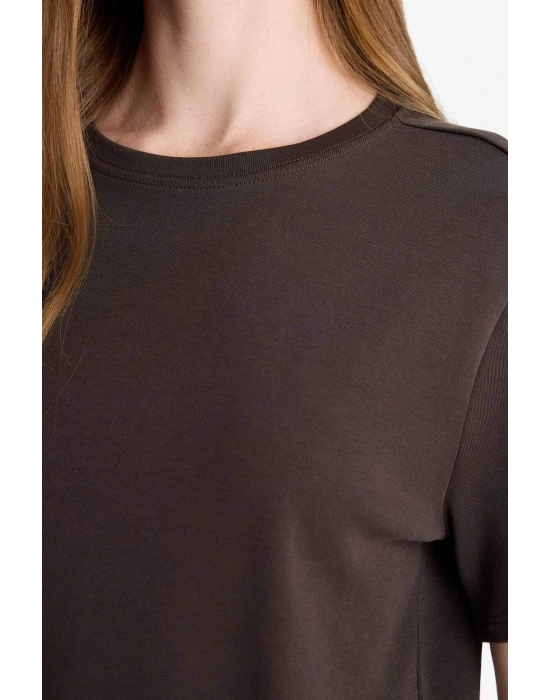 Regular Fit Bisiklet Yaka Kısa Kollu Tişört Kahverengi