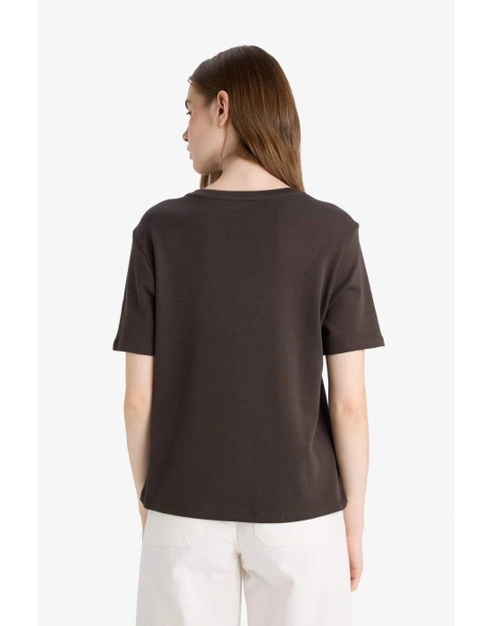 Regular Fit Bisiklet Yaka Kısa Kollu Tişört Kahverengi