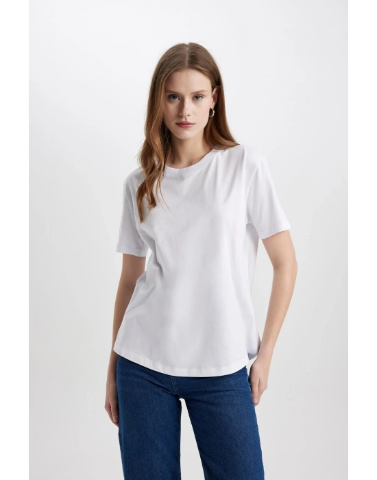 Regular Fit Bisiklet Yaka Penye Basic Kısa Kollu Tişört Beyaz