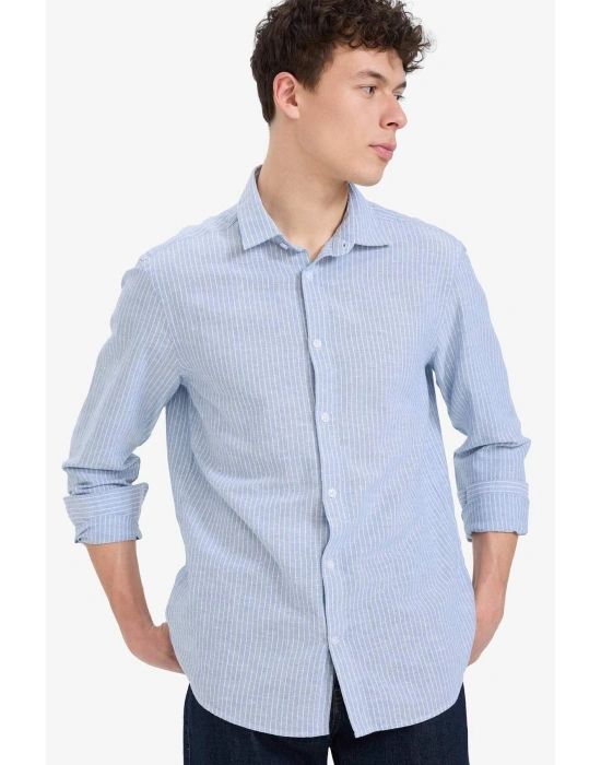 Regular Fit Polo Yaka Çizgili Keten Yazlık Uzun Kollu Gömlek E1730AX25SP