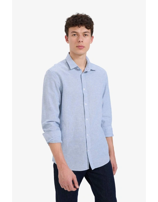 Regular Fit Polo Yaka Çizgili Keten Yazlık Uzun Kollu Gömlek E1730AX25SP