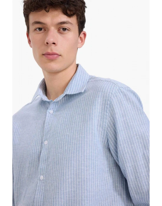 Regular Fit Polo Yaka Çizgili Keten Yazlık Uzun Kollu Gömlek E1730AX25SP