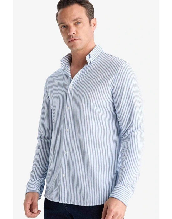 Regular Fit Polo Yaka Çizgili Penye Uzun Kollu Gömlek