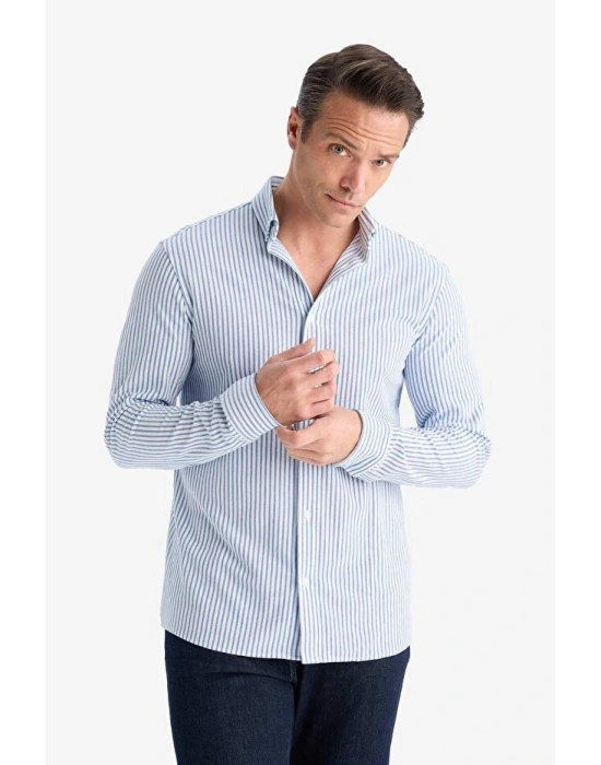 Regular Fit Polo Yaka Çizgili Penye Uzun Kollu Gömlek