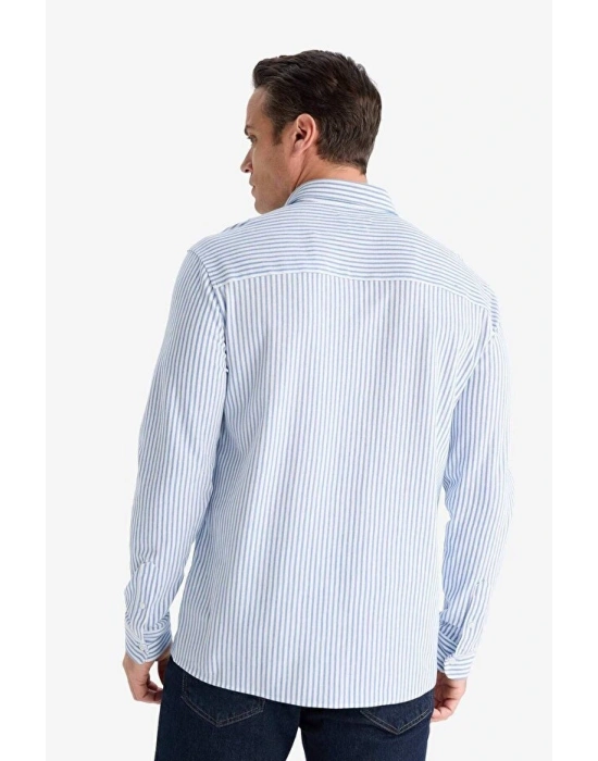 Regular Fit Polo Yaka Çizgili Penye Uzun Kollu Gömlek