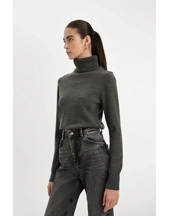 Regular Fit Yumuşak Dokulu Balıkçı Yaka Basic Düz Triko Kazak