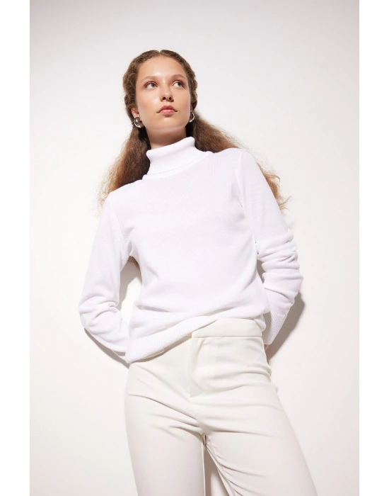 Regular Fit Yumuşak Dokulu Balıkçı Yaka Basic Düz Triko Kazak H1651az24wn Beyaz