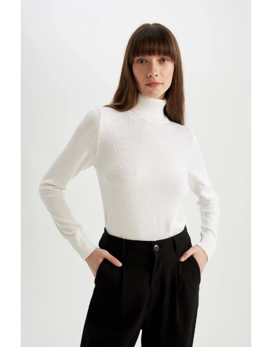 Regular Fit Yumuşak Dokulu Balıkçı Yaka Basic Düz Triko Kazak H1651az24wn Beyaz