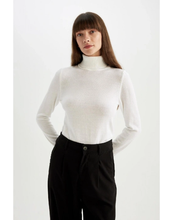 Regular Fit Yumuşak Dokulu Balıkçı Yaka Basic Düz Triko Kazak H1651az24wn Beyaz