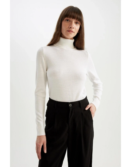 Regular Fit Yumuşak Dokulu Balıkçı Yaka Basic Düz Triko Kazak H1651az24wn Beyaz