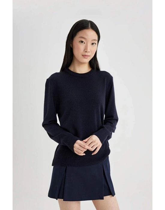 Regular Fit Yumuşak Dokulu Bisiklet Yaka Basic Düz Triko Kazak