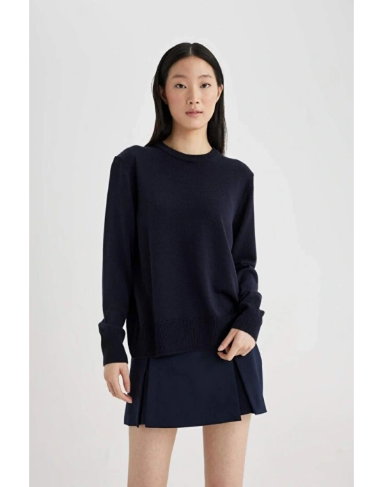 Regular Fit Yumuşak Dokulu Bisiklet Yaka Basic Düz Triko Kazak