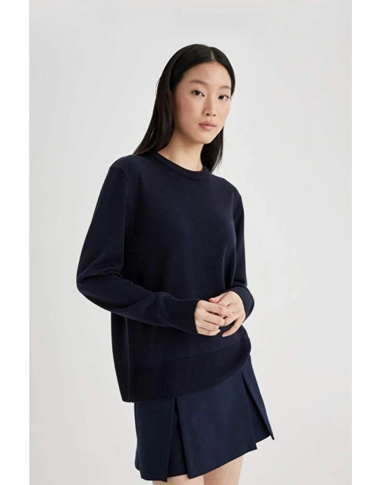 Regular Fit Yumuşak Dokulu Bisiklet Yaka Basic Düz Triko Kazak