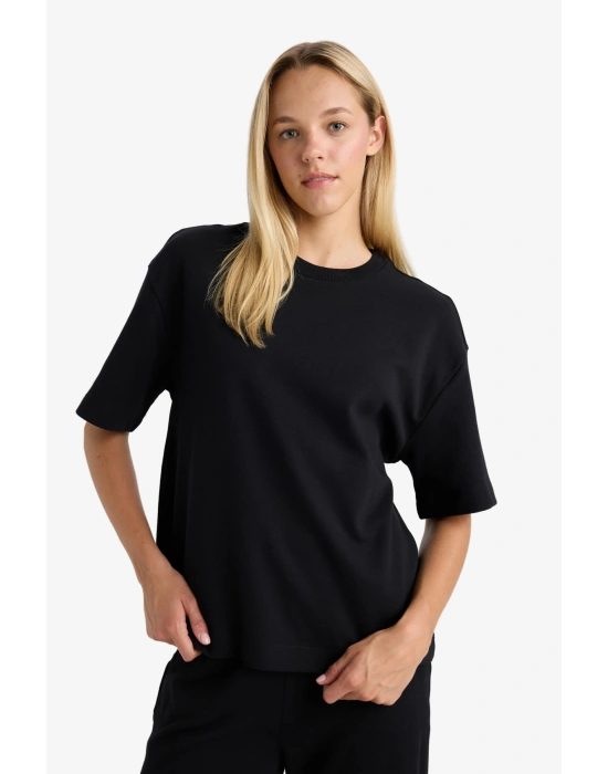 Relax Fit Bisiklet Yaka Basic Düz Kısa Kollu Siyah Tişört