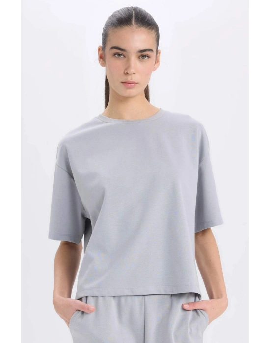 Relax Fit Bisiklet Yaka Basic Düz Kısa Kollu Tişört Gri