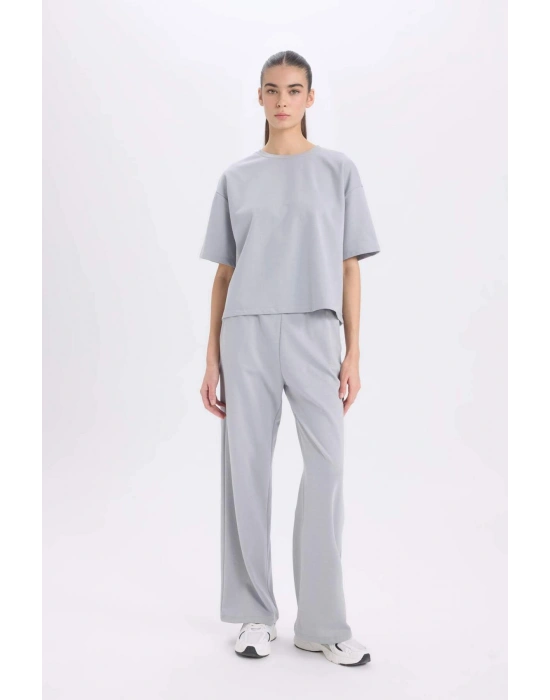 Relax Fit Bisiklet Yaka Basic Düz Kısa Kollu Tişört Gri