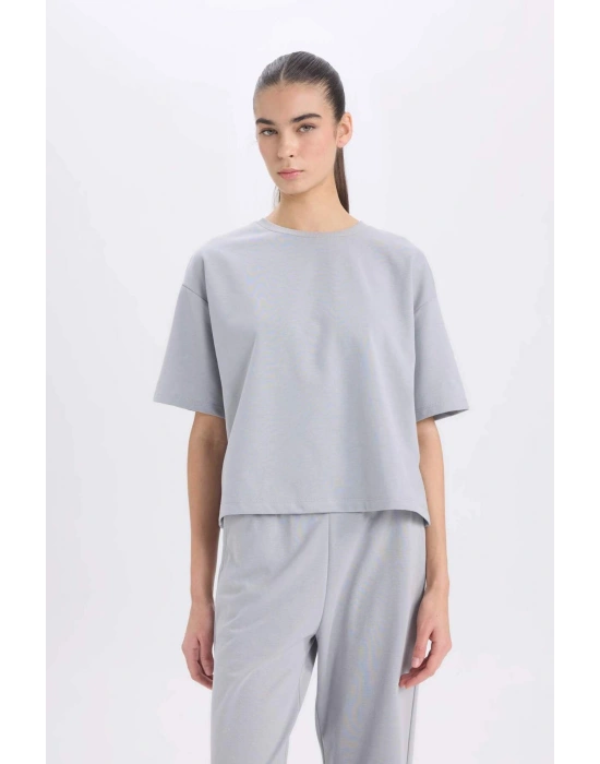 Relax Fit Bisiklet Yaka Basic Düz Kısa Kollu Tişört Gri