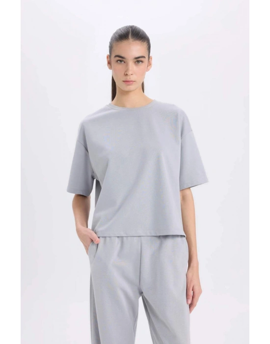 Relax Fit Bisiklet Yaka Basic Düz Kısa Kollu Tişört Gri